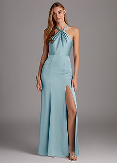 Azazie Elana Final Sale Moody Blue Mermaid Side Slit Stretch Satin Dress image1