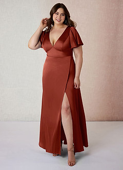 Azazie Lani Bridesmaid Dresses Terracotta A-Line Flounce Sleeve Stretch Satin Dress image7