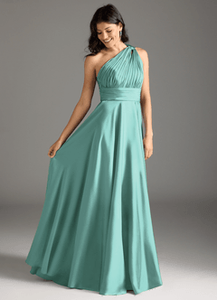 Azazie Charlize Bridesmaid Dresses Aqua A-Line One Shoulder Stretch Satin Dress image2