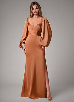 Azazie Sonata Bridesmaid Dresses Copper Sheath Long Sleeve Stretch Satin Convertible Dress image3