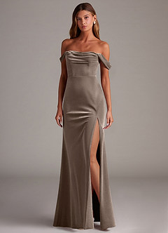 Azazie Saige Vestidos de damas de honor Vestido de Taupe Plateado de terciopelo de Corte Recto Convertible con Vestidos sin tirantes image3