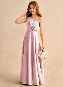 Azazie Puddles Girls Formal Robe Demoiselle D'honneur Fillette Robe Trapèze en Mat Satiné Une épaule Rose Poudré image6
