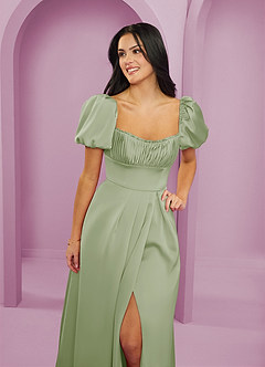 Barbie ♥ Azazie Bridesmaid Dresses Dusty Sage A-Line Ruched Stretch Satin Dress image5