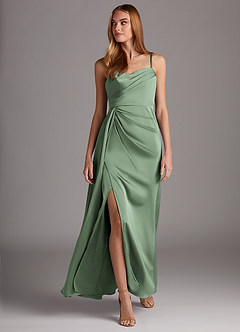 Azazie Bona Final Sale Matcha A-Line V-Neck Pleated Stretch Satin Dress image4