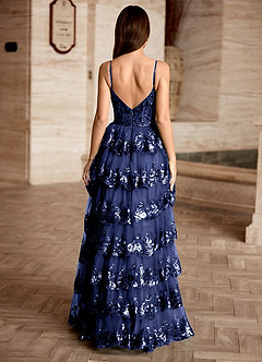 Tindra Dark Navy Sequins Ruffles Prom Dress image2