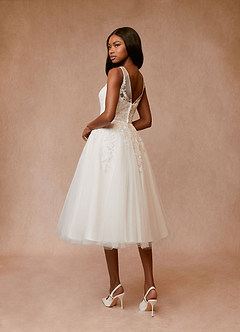 Azazie Dolores Wedding Dresses A-Line V-Neck lace Satin Tea-Length Dress image4