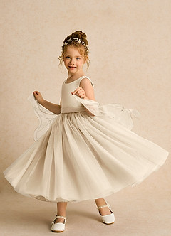 Azazie Pear Flower Girl Dresses Champagne Ball-Gown Bow Tulle Dress image2