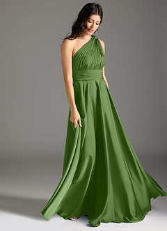 Azazie Charlize Robes de demoiselle d'honneur Robe Trapèze en Satin extensible Une épaule Basilic image3