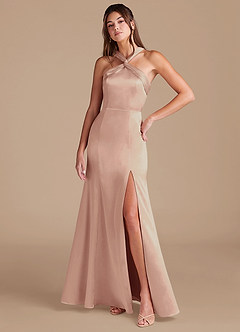 Azazie Rue Bridesmaid Dresses English Rose Mermaid Pleated Metallic Satin Dress image3