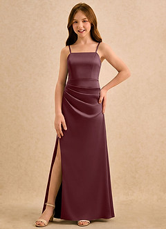 Azazie Cannoli Girls Formal Flower Girl Dresses Sangria A-Line Pleated Stretch Satin Dress image5