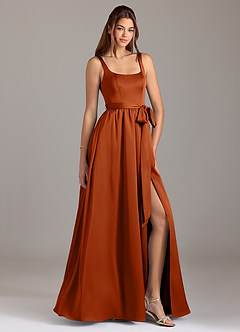 Azazie Elliott Bridesmaid Dresses Burnt Orange A-Line with Pockets Stretch Satin Dress image1