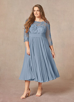 Azazie Tutu Mother of the Bride Dresses Dusty Blue A-Line Boatneck Lace Chiffon Dress image9
