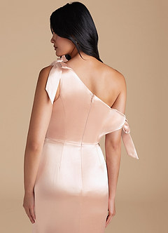 Azazie Xyla Bridesmaid Dresses Rose Gold Sheath Off the Shoulder Metallic Satin Convertible Dress image4