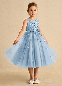 Azazie Lana Blumenmädchenkleider A-Linie ärmellos Matte Satin Kleid Puderblau image5