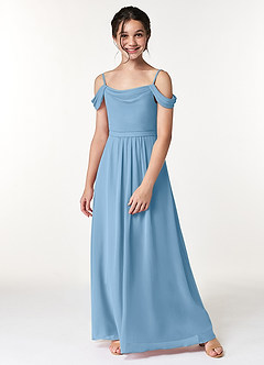 Azazie Alivia Junior Steel Blue A-Line Off the Shoulder Chiffon Dress image5