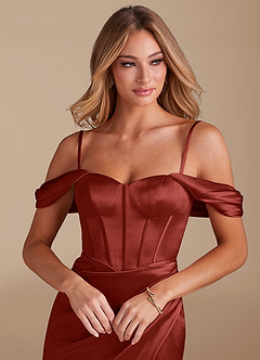 Azazie Asha Bridesmaid Dresses Terracotta Sheath Off the Shoulder Metallic Satin Dress image2