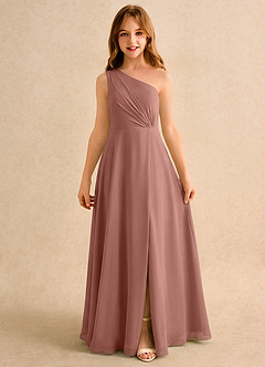 Azazie Puddles Girls Formal 플라워 걸 드레스 A라인 한쪽 어깨 쉬폰 플로어 길이 드레스 image6