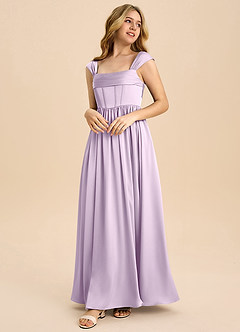 Azazie Hattie Junior Abito A-Line in Raso Elasticizzato Plissettato Lilla Glassato image1