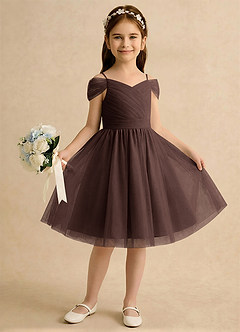 Azazie Lila Girls Formal Robe Demoiselle D'honneur Fillette Robe Trapèze en Tulle Épaule décolletée Ganache image4