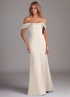 Azazie Saige Bridesmaid Dresses White Alabaster Sheath Off the Shoulder Stretch Satin Dress image4