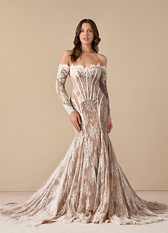 Azazie Katherine Wedding Dresses Diamond White Cocoa Mermaid Off the Shoulder Tulle Dress image1