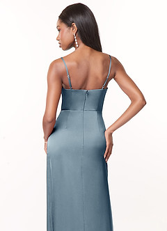 Azazie Maci Brautjungfernkleider A-Linie V-Hals Gefaltet Stretch-Satin Kleid Staubblau image4