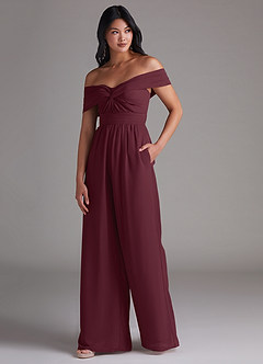 Azazie Lamara Bridesmaid Dresses Cabernet Off the Shoulder Chiffon Convertible Jumpsuit image4