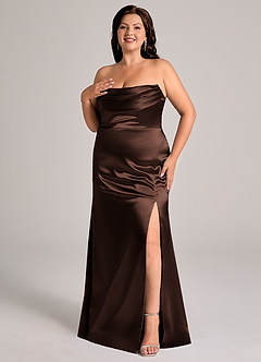 Azazie Saige Brautjungfernkleider Wandelbar Etui Schulterfrei Metallischer Satin Kleid Ganache image11