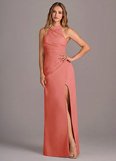 Azazie Jemma Bridesmaid Dresses Salmon Pink Sheath Pleated Chiffon Dress image4