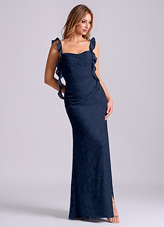 Azazie Jessamine Brudtärnklänningar Klä av Sjöjungfru i Blommig Utbrändhet Korsett Mörk Marinblå image3