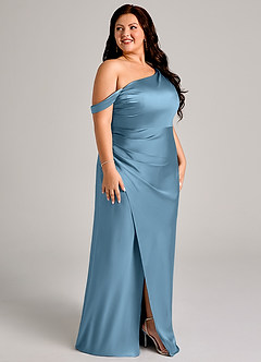 Azazie Madelyn Bridesmaid Dresses Steel Blue Mermaid One Shoulder Stretch Satin Convertible Dress image12