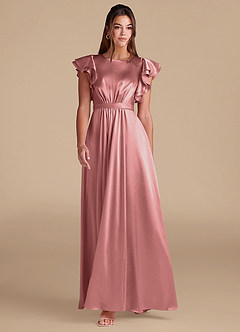 Azazie Daphne Modest Bridesmaid Dresses A-Line Ruched Metallic Satin Floor-Length Dress image3