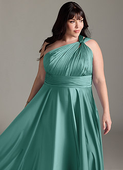 Azazie Charlize Bridesmaid Dresses Aqua A-Line One Shoulder Stretch Satin Dress image7