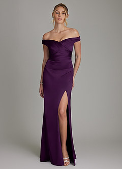 Azazie Teyana Bridesmaid Dresses Grape Sheath Off the Shoulder Stretch Satin Dress image4