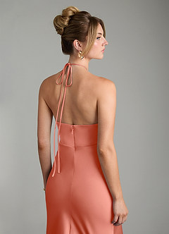 Azazie Camille Bridesmaid Dresses Salmon Pink Sheath Side Slit Stretch Satin Dress image2