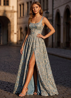 Cimaya Blauer See Ballkleid mit eckigem Ausschnitt und Jacquardmuster image3