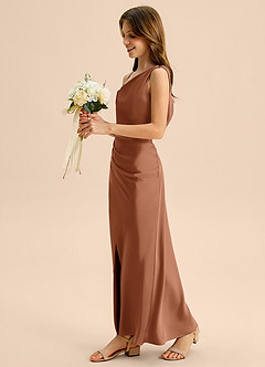 Azazie Madelyn Junior Osłona Zza ramienia Satyna elastyczna Długość podłogi Młodsza druhna Sukienka image3