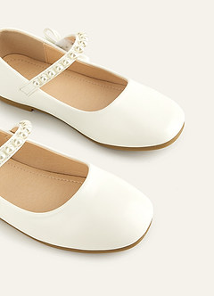 front Pearl Strap and Bow Girls Flat Shoes