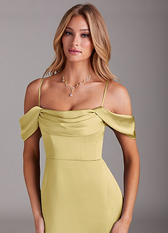 Azazie Saige Bridesmaid Dresses Lemon Sorbet Sheath Off the Shoulder Stretch Satin Dress image2