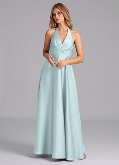 Azazie Tessie Bridesmaid Dresses Sea Glass A-Line Pleated Stretch Satin Dress image1