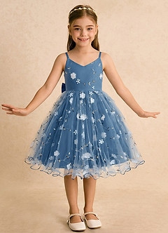 Azazie Junebug Blumenmädchenkleider Ballkleid Spaghetti Riemen Tüll Kleid Zwielichtviolett image3