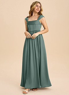 Azazie Hattie Junior Sea Moss A-Line Pleated Stretch Satin Dress image1
