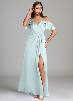 Azazie Dakota Bridesmaid Dresses Sea Glass A-Line Off the Shoulder Stretch Satin Dress image4