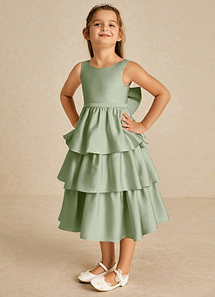 Azazie Margery Flower Girl Dresses Dusty Sage A-Line Bow Stretch Satin Dress image3