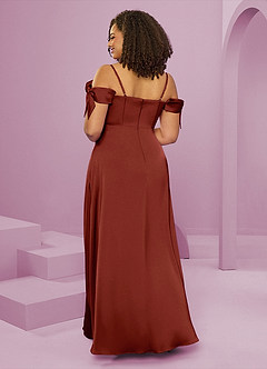 Barbie ♥ Azazie Bridesmaid Dresses Terracotta A-Line Off the Shoulder Stretch Satin Dress image9