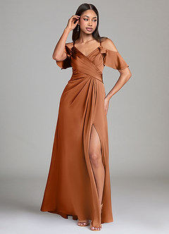 Azazie Dakota Robes de demoiselle d'honneur Robe Trapèze en Satin extensible Épaule décolletée Cuivre image4
