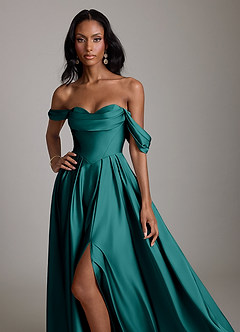 Azazie Loisa Abiti da Damigella Abito A-Line in Raso Elasticizzato a Spalla Scoperta Verde Pavone image5