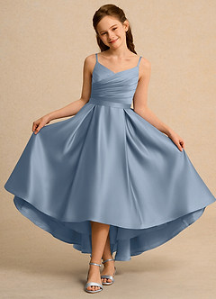 Azazie Sweets Girl Jurken voor bloemenmeisjes A-Lijn Jurk van Mat Satijn Geplooid Stoffig Blauw image4