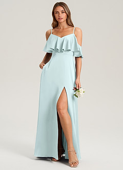 Azazie Jean Bridesmaid Dresses Sea Glass A-Line Off the Shoulder Stretch Satin Dress image3