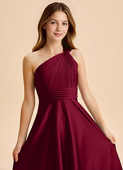 Azazie Charlize Junior Burgundy A-Line Pleated Stretch Satin Dress image6